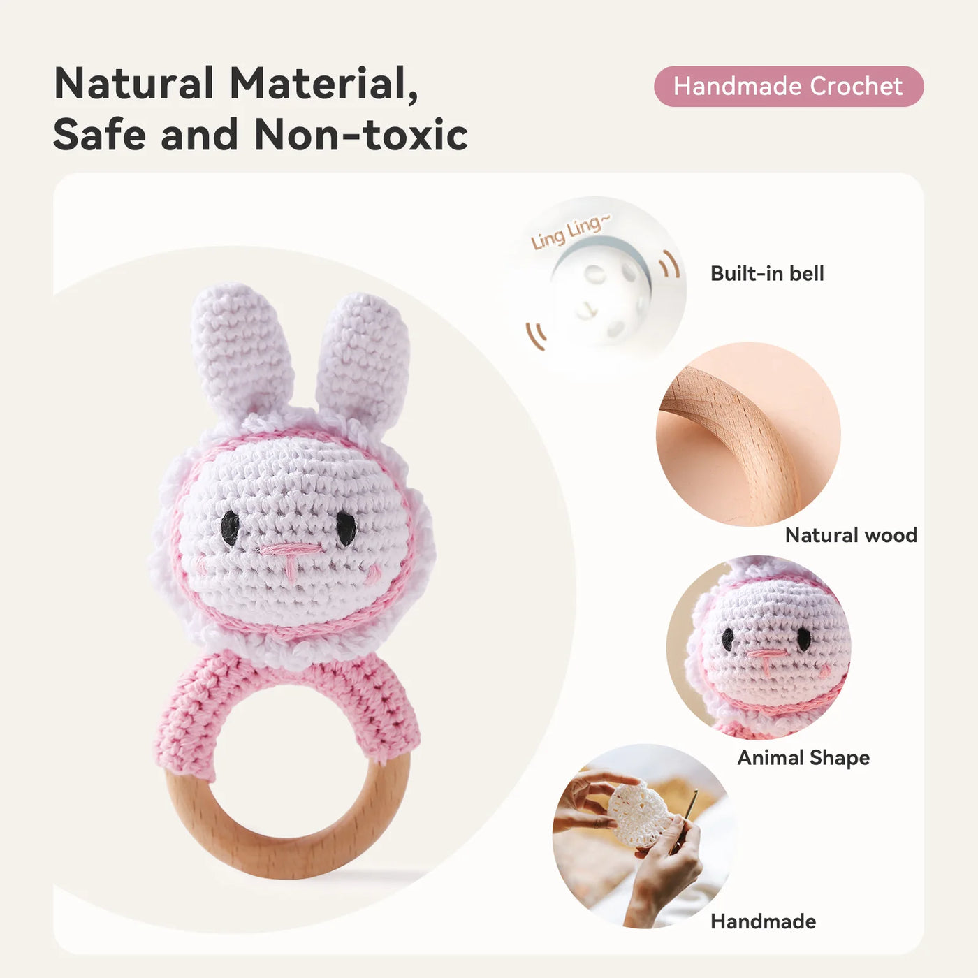 Crochet Bunny Rattle Toy Wooden Teether Ring and Soother