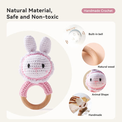 Crochet Bunny Rattle Toy Wooden Teether Ring and Soother