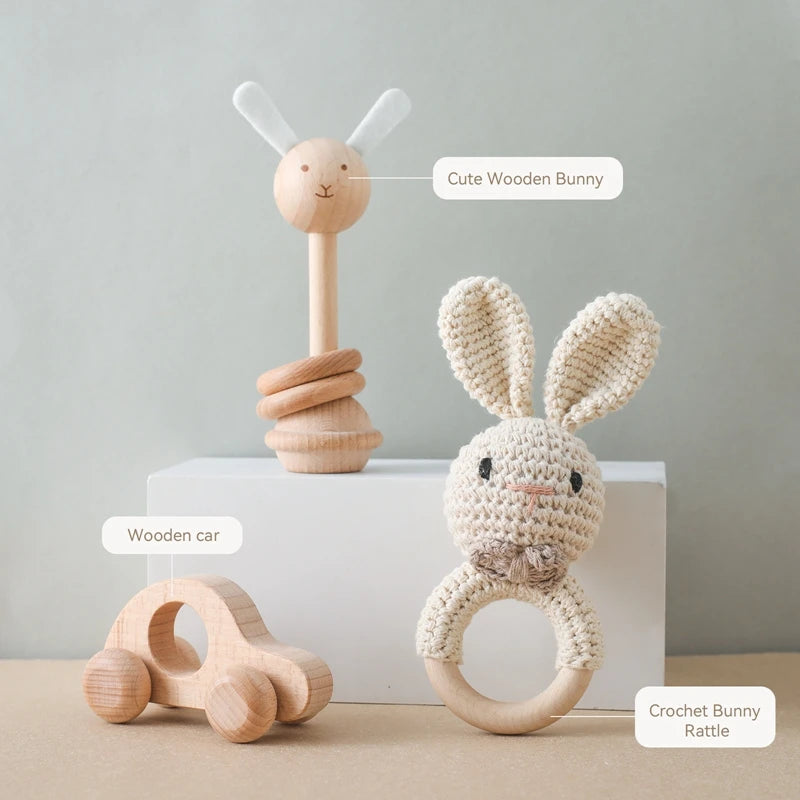 Baby Rattle Montessori Crochet Rabbit Toy and Wooden Set