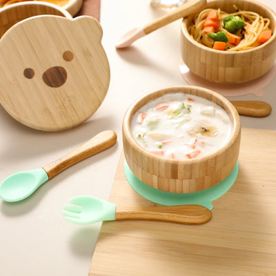 3pc Bamboo Baby Feeding Bowl Set - Suction Bowl, Fork & Spoon