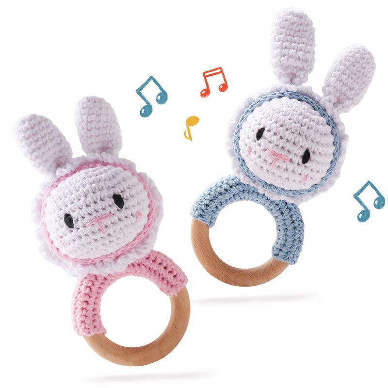 Crochet Bunny Rattle Toy Wooden Teether Ring and Soother