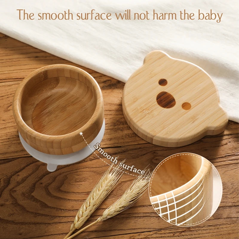 3pc Bamboo Baby Feeding Bowl Set - Suction Bowl, Fork & Spoon