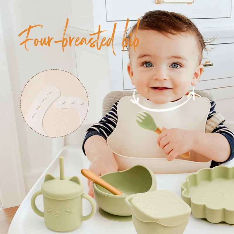 Baby Silicone Plate & Snack Cup Set with Suction, Spoon, and Bib