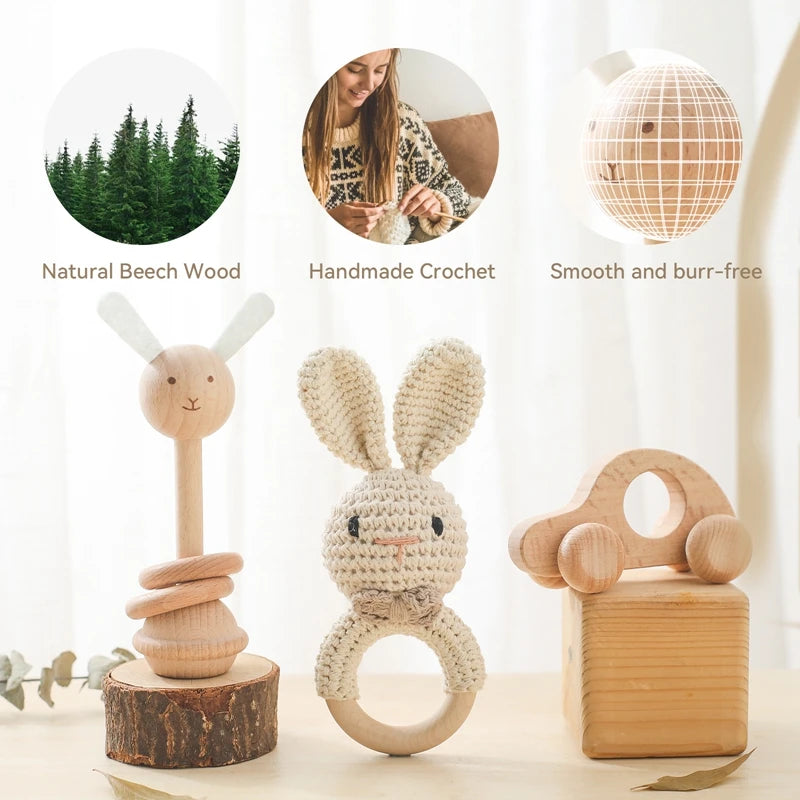 Baby Rattle Montessori Crochet Rabbit Toy and Wooden Set