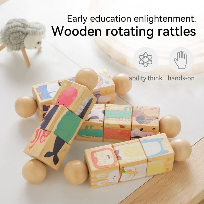 Baby Wooden Rattle Rotating Animal Matching Toy