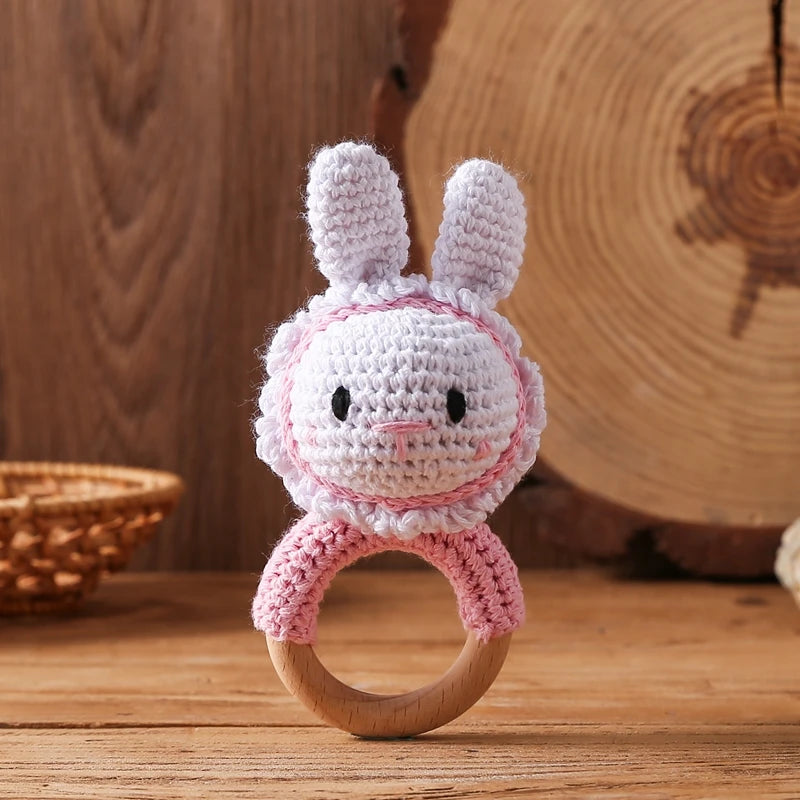 Crochet Bunny Rattle Toy Wooden Teether Ring and Soother