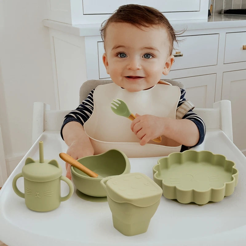 Baby Silicone Plate & Snack Cup Set with Suction, Spoon, and Bib