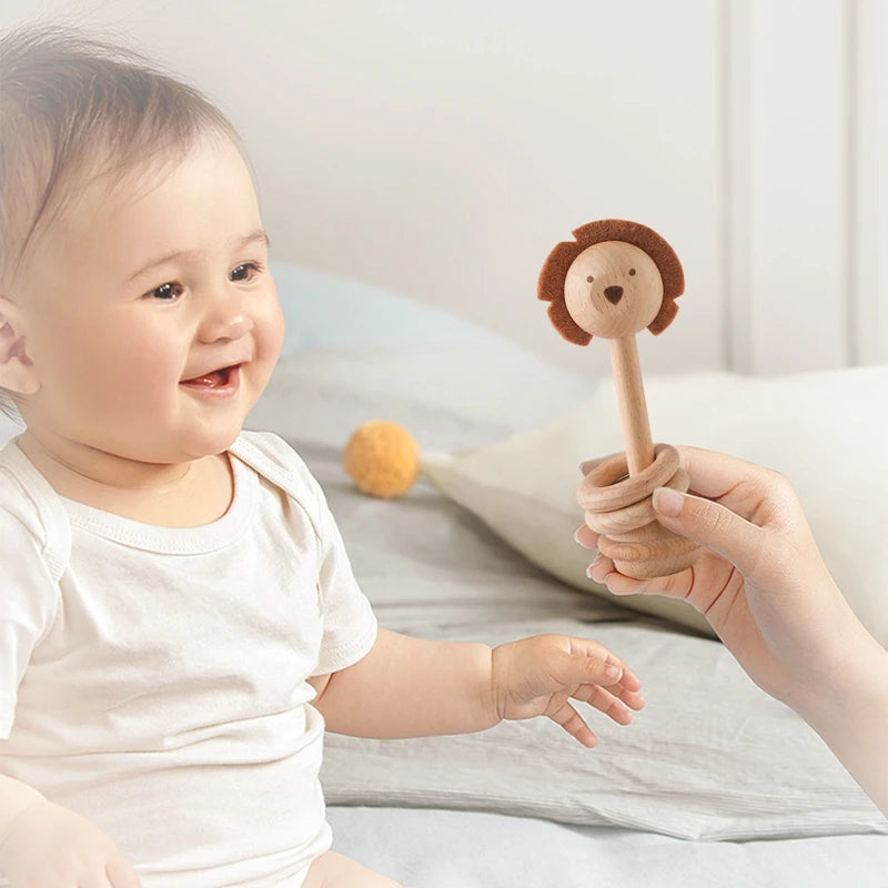 Wooden Animal Teether & Rattle for Newborns (0-12 Months)