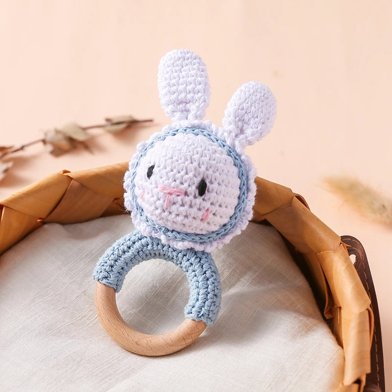 Crochet Bunny Rattle Toy Wooden Teether Ring and Soother