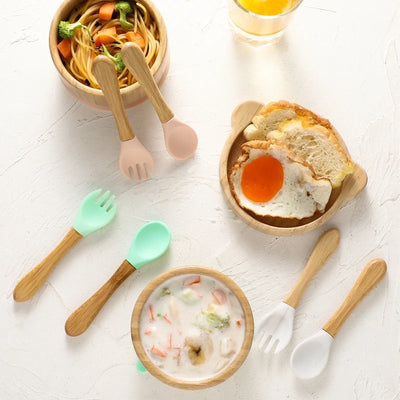 3pc Bamboo Baby Feeding Bowl Set - Suction Bowl, Fork & Spoon