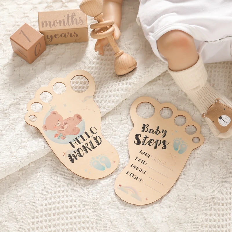 Baby Footprint Milestone Card Wooden Photography Prop for Newborns