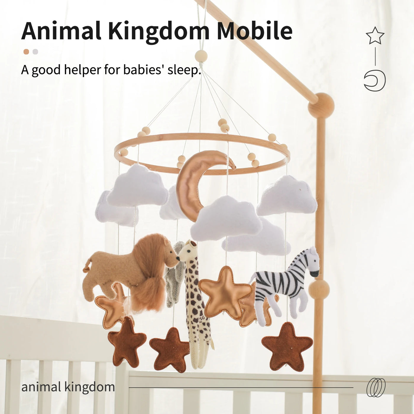 Wooden Crib Mobile Bed Bell Animal Kingdom Music Box Toy