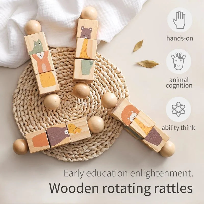 Baby Wooden Rotating Rattle Animal Matching Montessori Toy