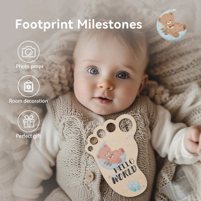 Baby Footprint Milestone Card Wooden Photography Prop for Newborns