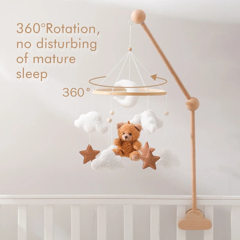 Wooden Crib Mobile with Brown Bunny – Bed Bell and Crib Bracket for Babies