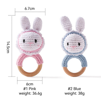 Crochet Bunny Rattle Wooden Teether Ring and Soother