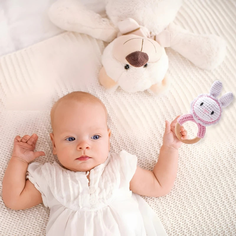 Crochet Bunny Rattle Wooden Teether Ring and Soother