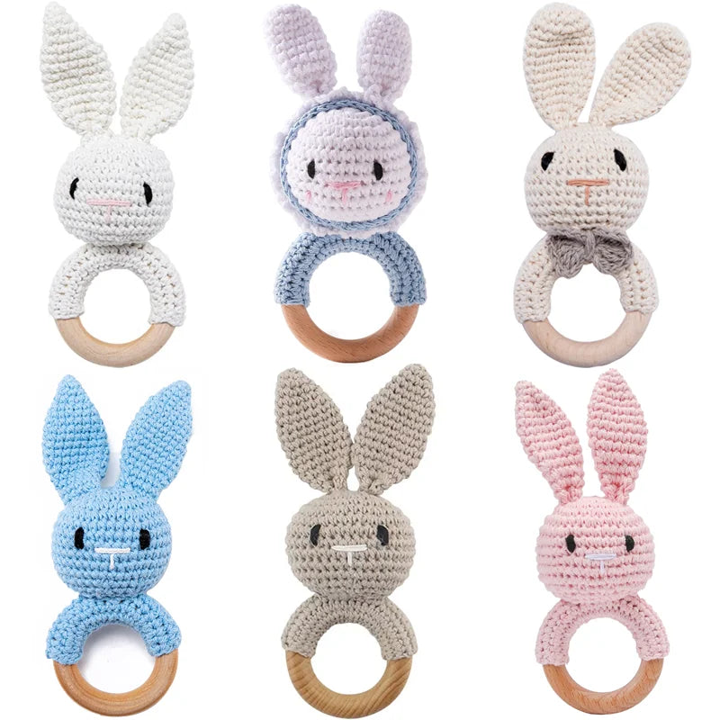 Crochet Bunny Rattle Wooden Teether Ring and Soother