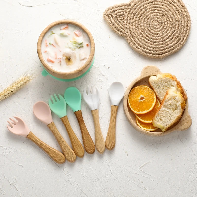 3pc Bamboo Baby Feeding Bowl Set - Suction Bowl, Fork & Spoon