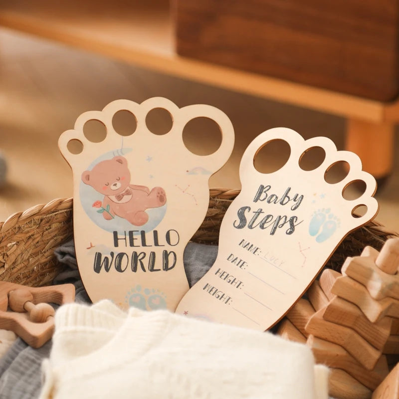 Baby Footprint Milestone Card Wooden Photography Prop for Newborns