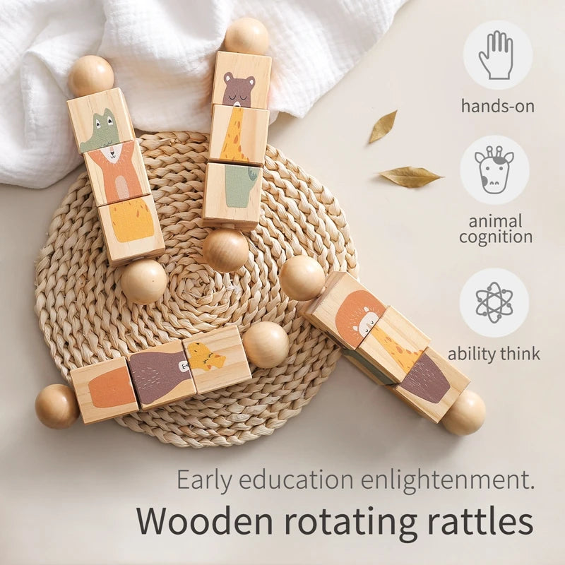 Wooden Animal Teether & Rattle for Newborns (0-12 Months)