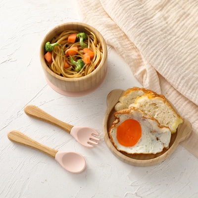 3pc Bamboo Baby Feeding Bowl Set - Suction Bowl, Fork & Spoon