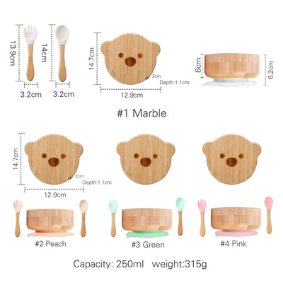 3pc Bamboo Baby Feeding Bowl Set - Suction Bowl, Fork & Spoon