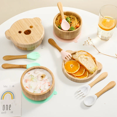 3pc Bamboo Baby Feeding Bowl Set - Suction Bowl, Fork & Spoon