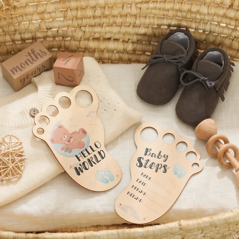 Baby Footprint Milestone Card Wooden Photography Prop for Newborns