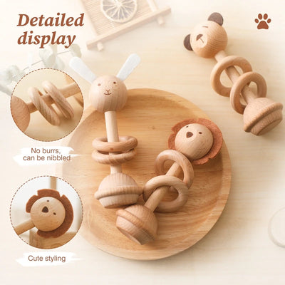 Wooden Animal Teether & Rattle for Newborns (0-12 Months)