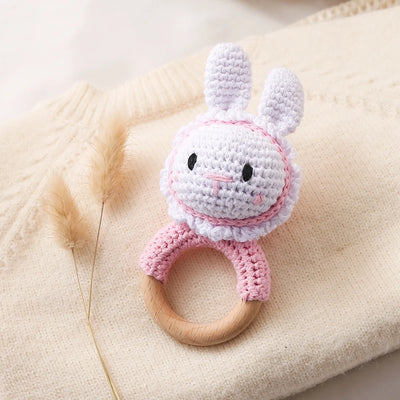 Crochet Bunny Rattle Wooden Teether Ring and Soother