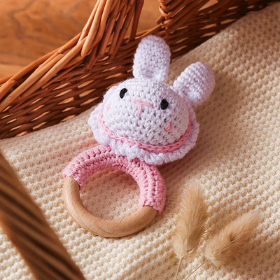 Crochet Bunny Rattle Toy Wooden Teether Ring and Soother