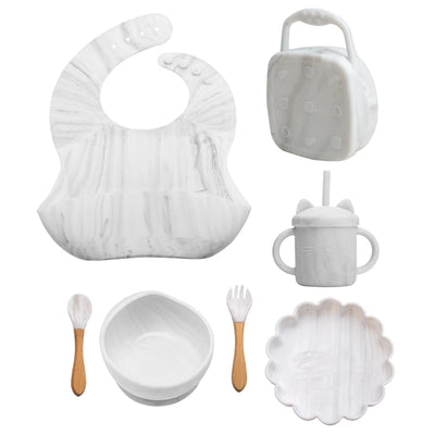 Baby Silicone Plate & Snack Cup Set with Suction, Spoon, and Bib