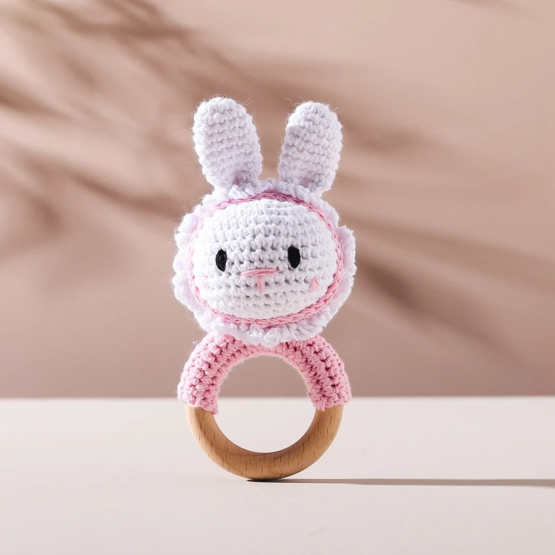 Crochet Bunny Rattle Toy Wooden Teether Ring and Soother