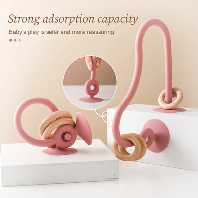 Baby Silicone Teether Toy with Wooden Ring Montessori