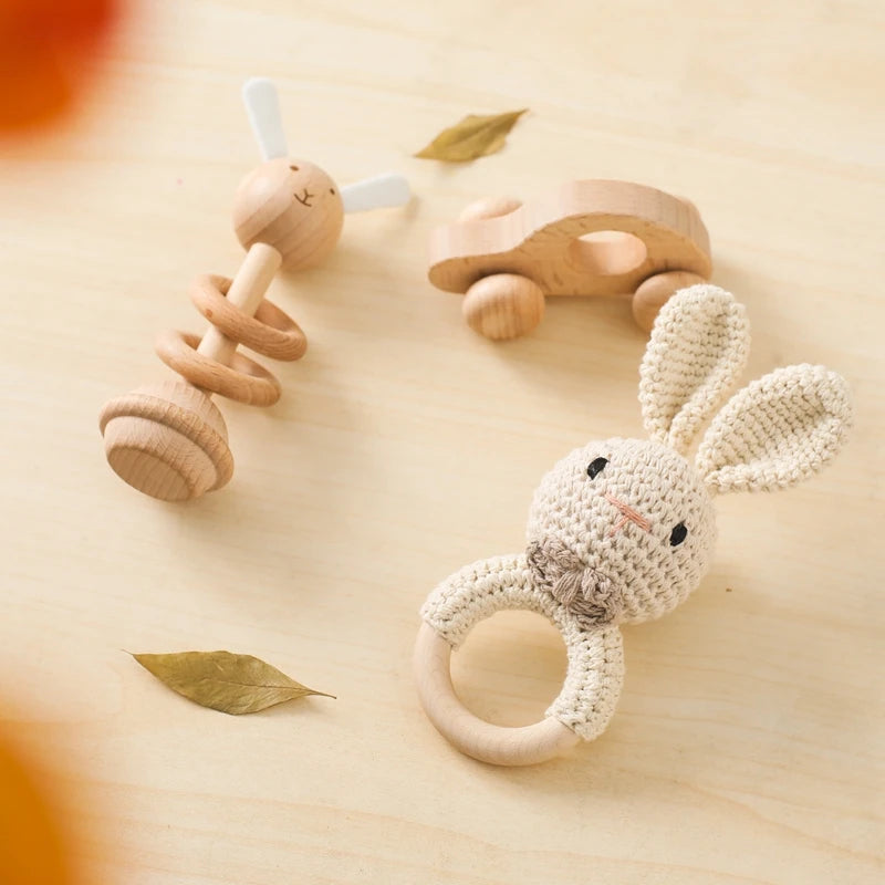 Baby Rattle Montessori Crochet Rabbit Toy and Wooden Set