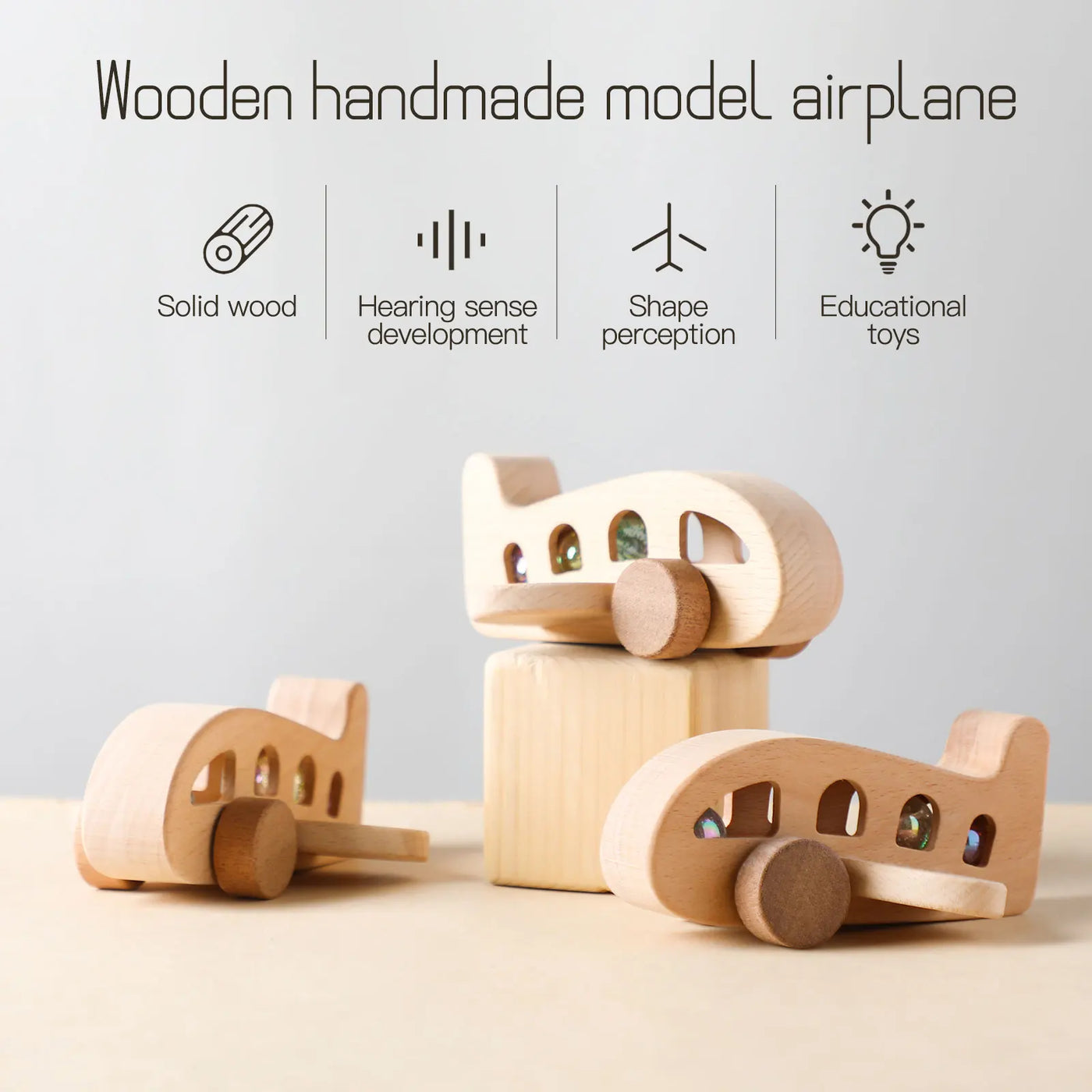 Montessori Wooden Plane Toy with Glass Beads for Kids