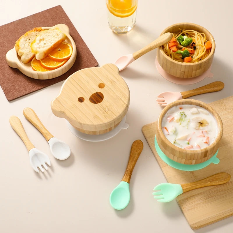 3pc Bamboo Baby Feeding Bowl Set - Suction Bowl, Fork & Spoon