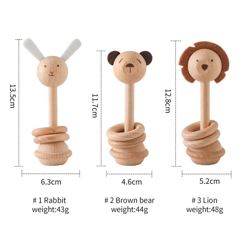 Wooden Animal Teether & Rattle for Newborns (0-12 Months)