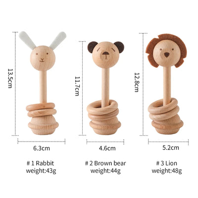 Wooden Animal Teether & Rattle for Newborns (0-12 Months)