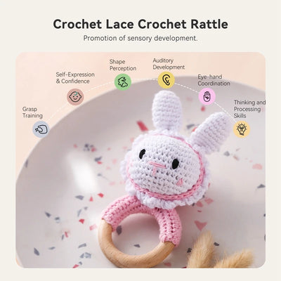 Crochet Bunny Rattle Wooden Teether Ring and Soother