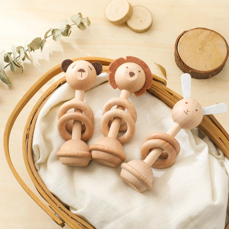 Wooden Animal Teether & Rattle for Newborns (0-12 Months)