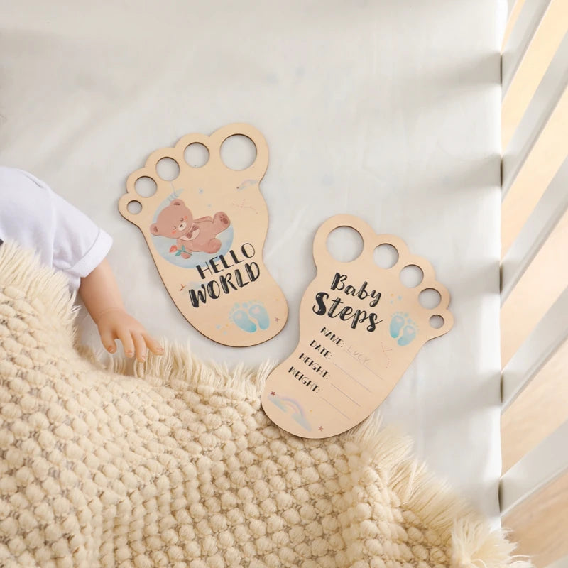 Baby Footprint Milestone Card Wooden Photography Prop for Newborns