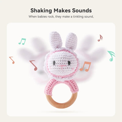 Crochet Bunny Rattle Wooden Teether Ring and Soother