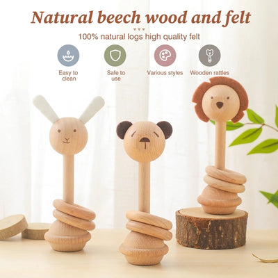 Wooden Animal Teether & Rattle for Newborns (0-12 Months)