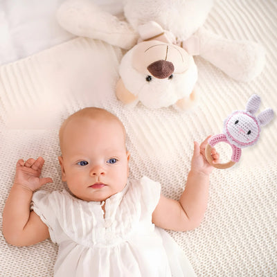 Crochet Bunny Rattle Toy Wooden Teether Ring and Soother