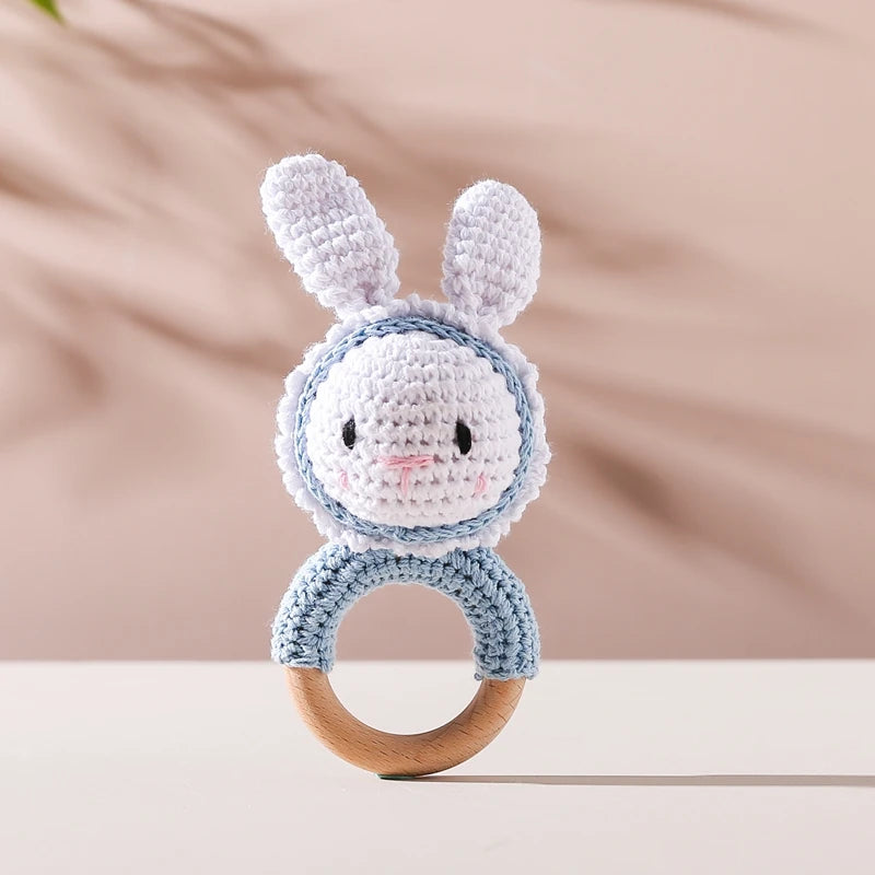 Crochet Bunny Rattle Toy Wooden Teether Ring and Soother