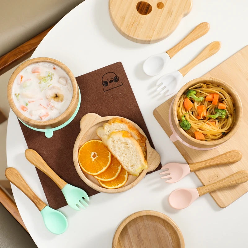 3pc Bamboo Baby Feeding Bowl Set - Suction Bowl, Fork & Spoon