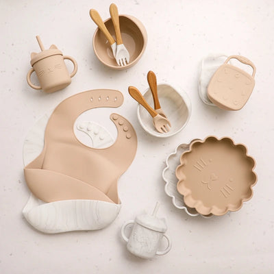 Baby Silicone Plate & Snack Cup Set with Suction, Spoon, and Bib