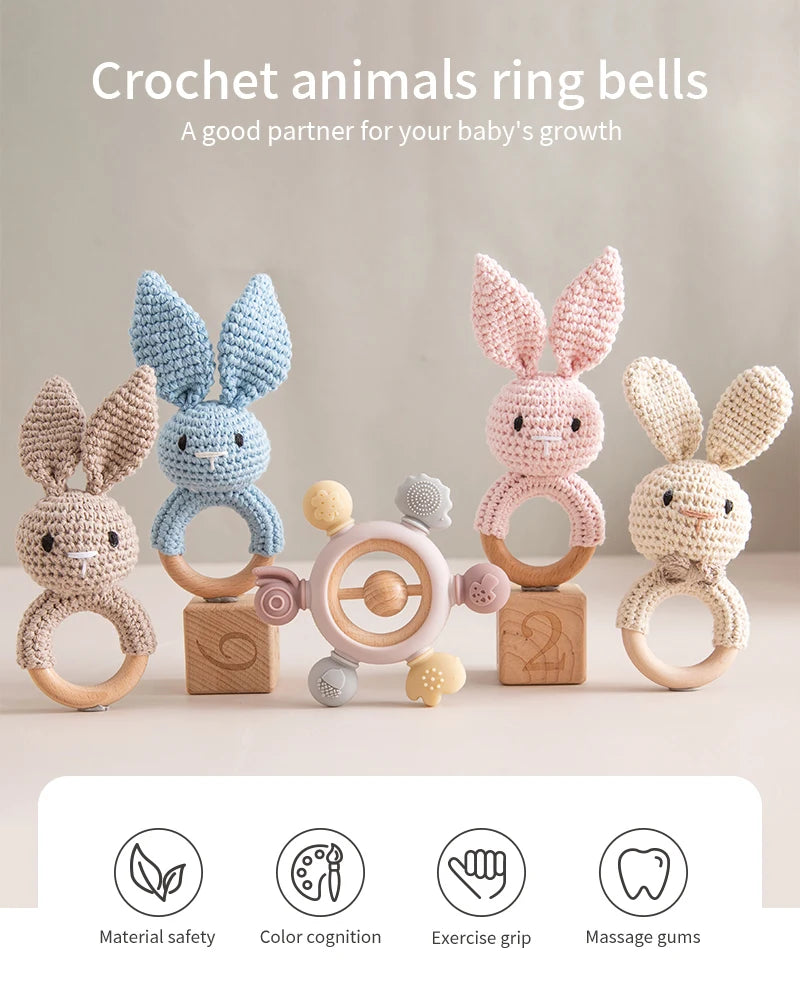 Baby Crochet Teether Bunny & Wooden Rattle Toy